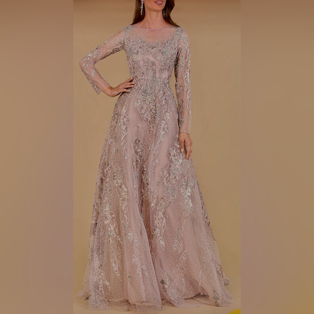 Lara beaded taupe pink long sleeve maxi evening gown
